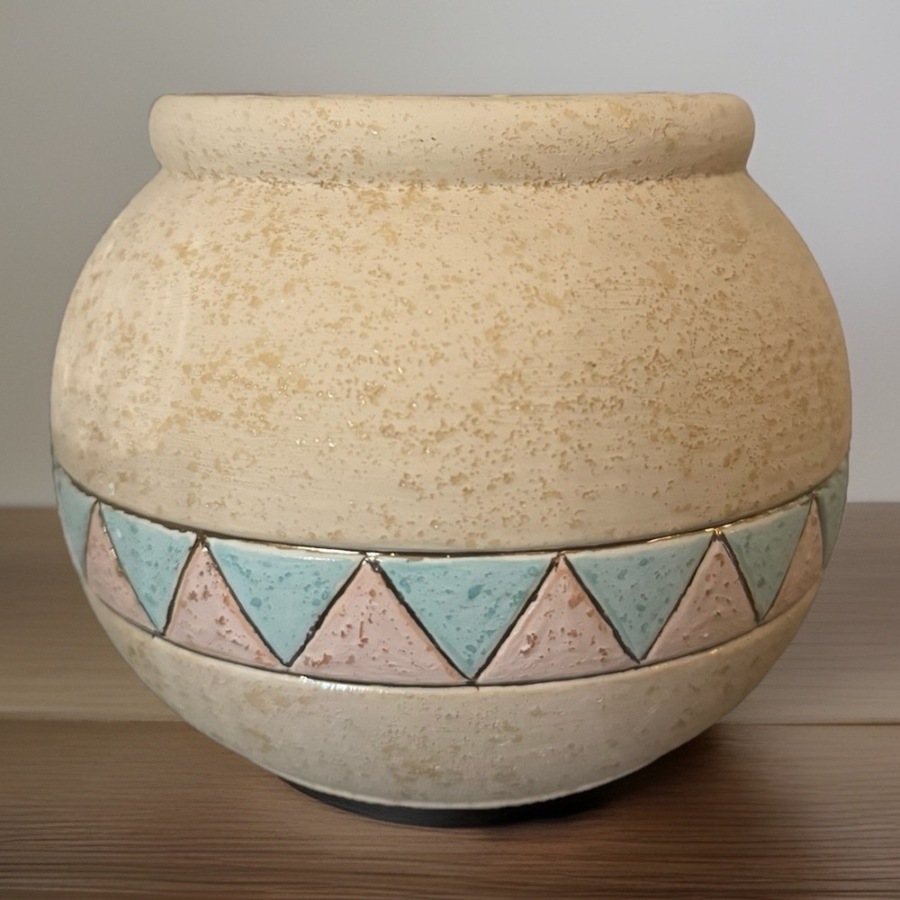 Handcrafted Cream Ceramic Vase with Pink & Aqua Triangle Detail